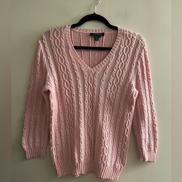 Lauren Ralph Lauren Pink Cotton Cable Knit V-neck Sweater - Picture 1 of 7